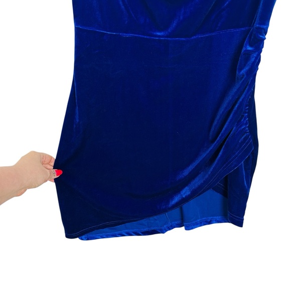 Double Crazy Cowl Neck Ruched Velvet Stretchy Bodycon Cami Mini Dress Blue M - Picture 10 of 13